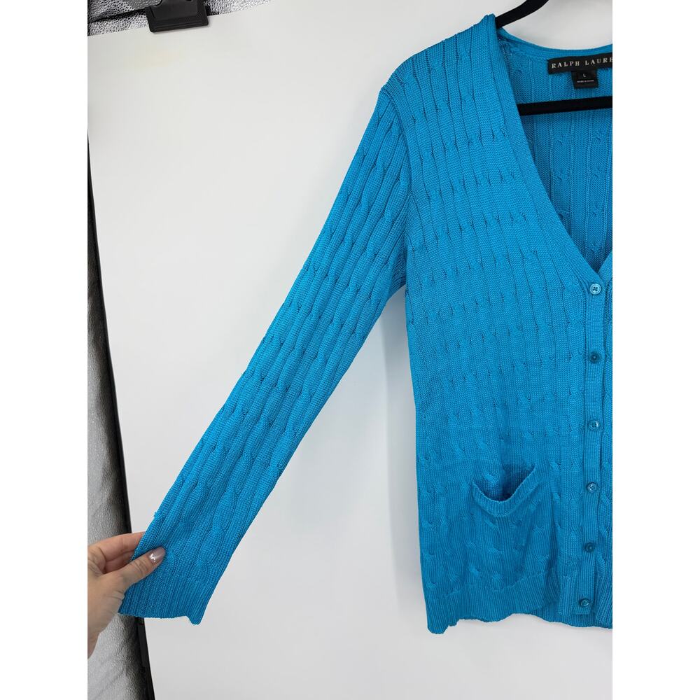 Ralph Lauren Black Label Women 100% Silk Cable knit Cardigan Sweater Size L Blue - Picture 6 of 9